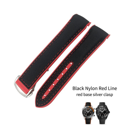 Cinturino per orologio in gomma, nylon e pelle, cinturino in silicone arancione, tela nera, adatto per Omega Seamaster 84300, Planet Ocean 600, 20mm, 21mm, 22mm