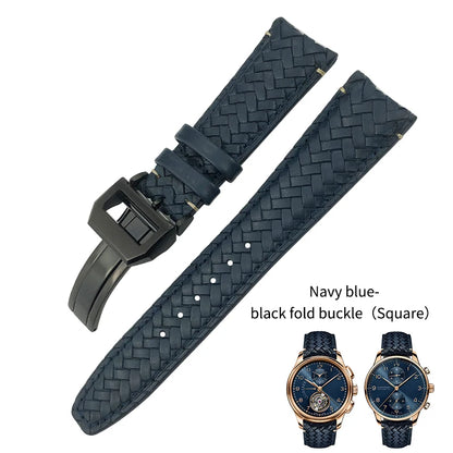 High Quality Cowhide Woven Watch Strap, 20 21mm 22mm, Suitable for IWC Portugieser Pilot Watches, Curved End, Genuine Leather Watchband