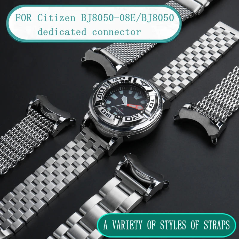 Orologio da uomo compatibile con Citizen BJ8050-08E/BJ8050, in acciaio inossidabile massiccio di alta qualità, connettore speciale, adattatore per anse, cinturino modificato.