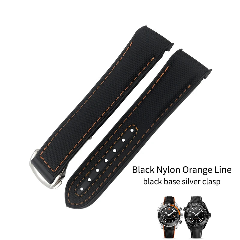 Cinturino per orologio in gomma, nylon e pelle, cinturino in silicone arancione, tela nera, adatto per Omega Seamaster 84300, Planet Ocean 600, 20mm, 21mm, 22mm