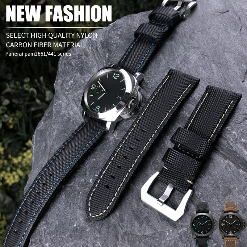 High-quality nylon watch strap, genuine leather strap, black and blue canvas, stainless steel structure, Panerai, 22mm, 24mm, 26mm