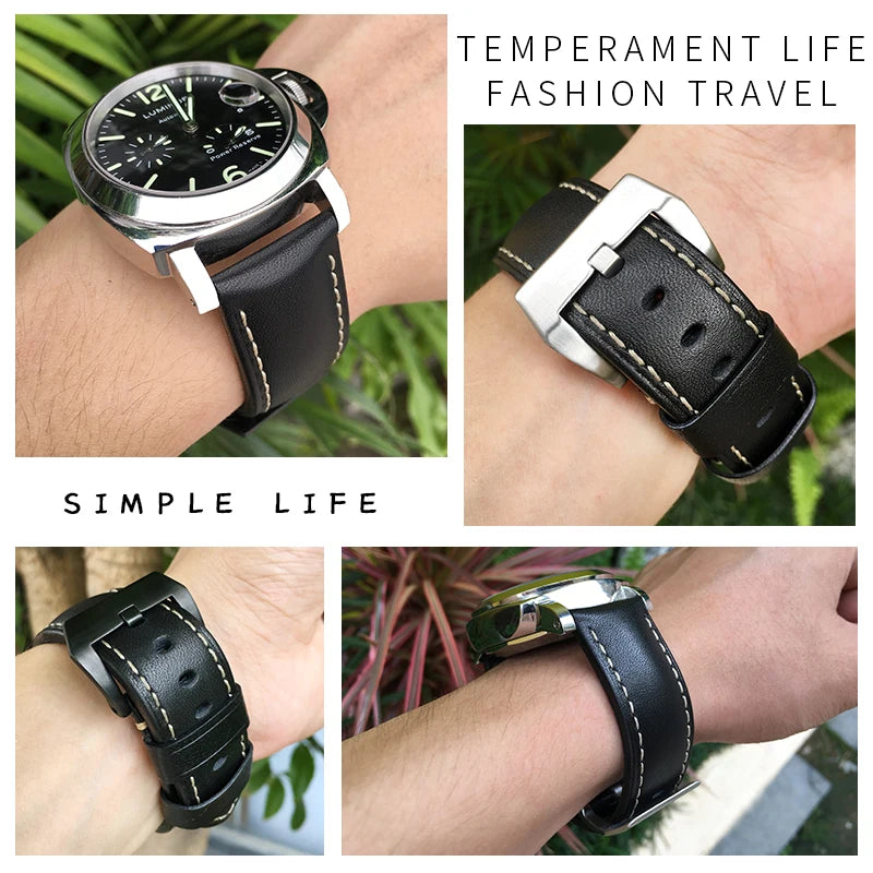 Bracelet de montre en cuir de vachette véritable pour homme, bracelet à boucle ardillon, spécial pour PANERAI LUMINOR 1950 Gstuff SUBMERSIBLE PAM441 PAM438, 24mm