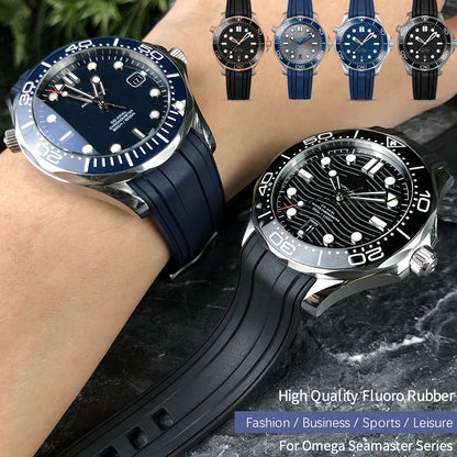 20mm 21mm 19mm High-Quality Fluororubber Silicone Watch Strap Band for Omega New Seamaster 300 Black Blue Soft Bracelet