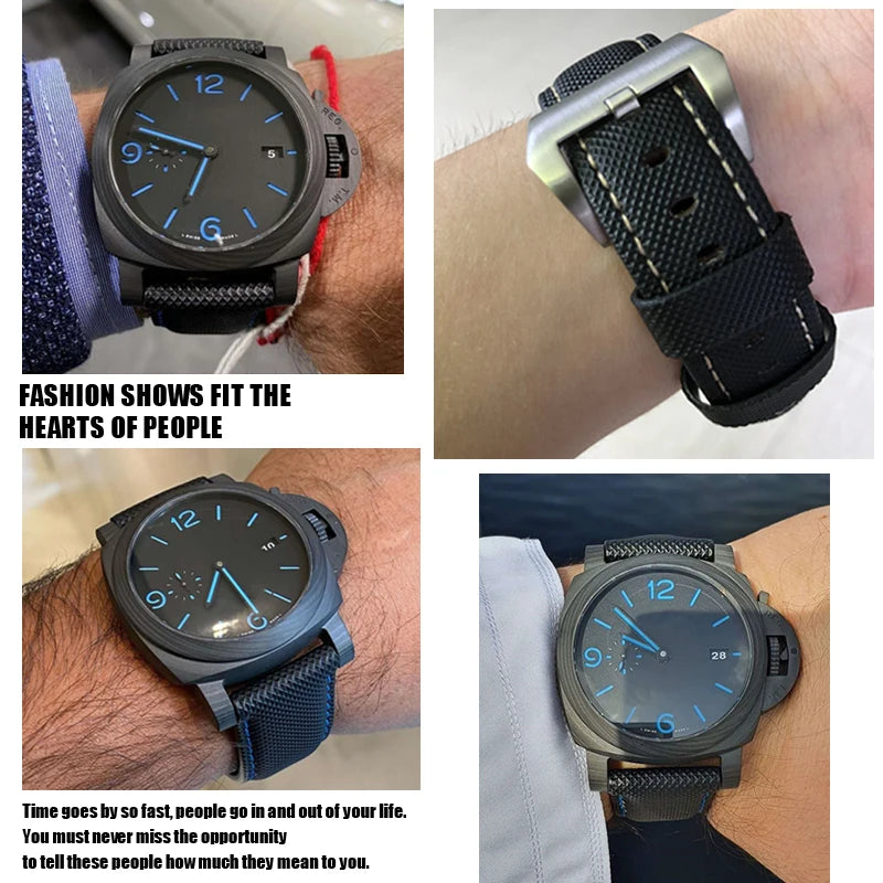 High-quality nylon watch strap, genuine leather strap, black and blue canvas, stainless steel structure, Panerai, 22mm, 24mm, 26mm