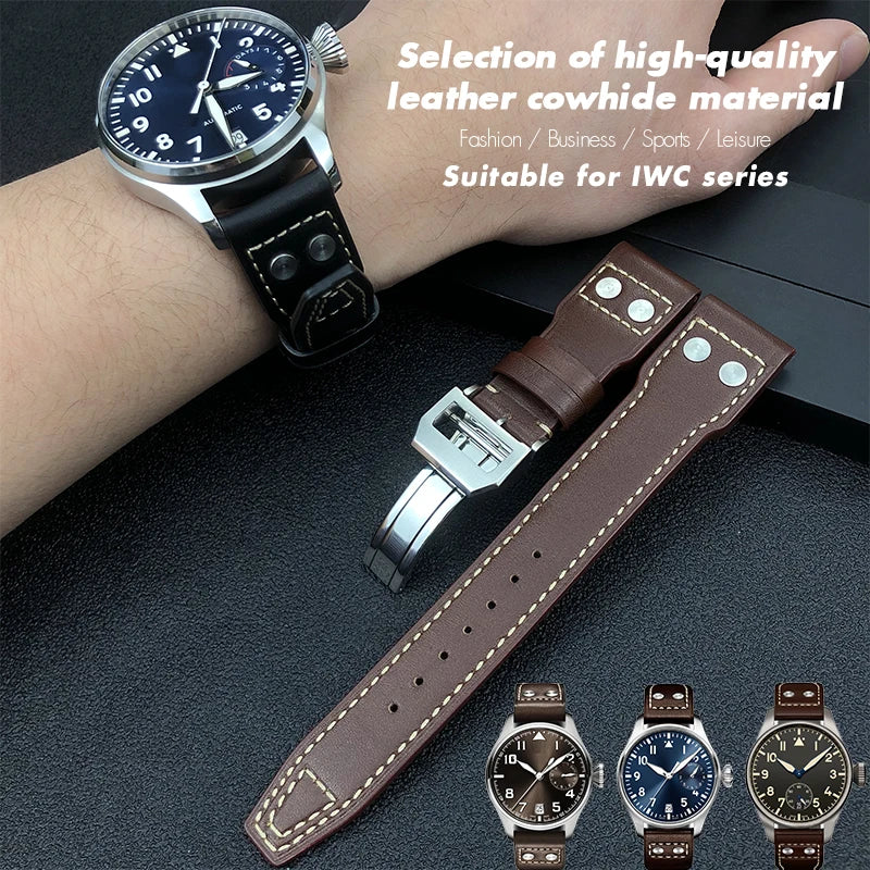 Cinturino per orologio in vera pelle di alta qualità con rivetti da 21 mm 22 mm, adatto per IWC Big Pilot Spitfire TOP GUN, in pelle bovina marrone e nera