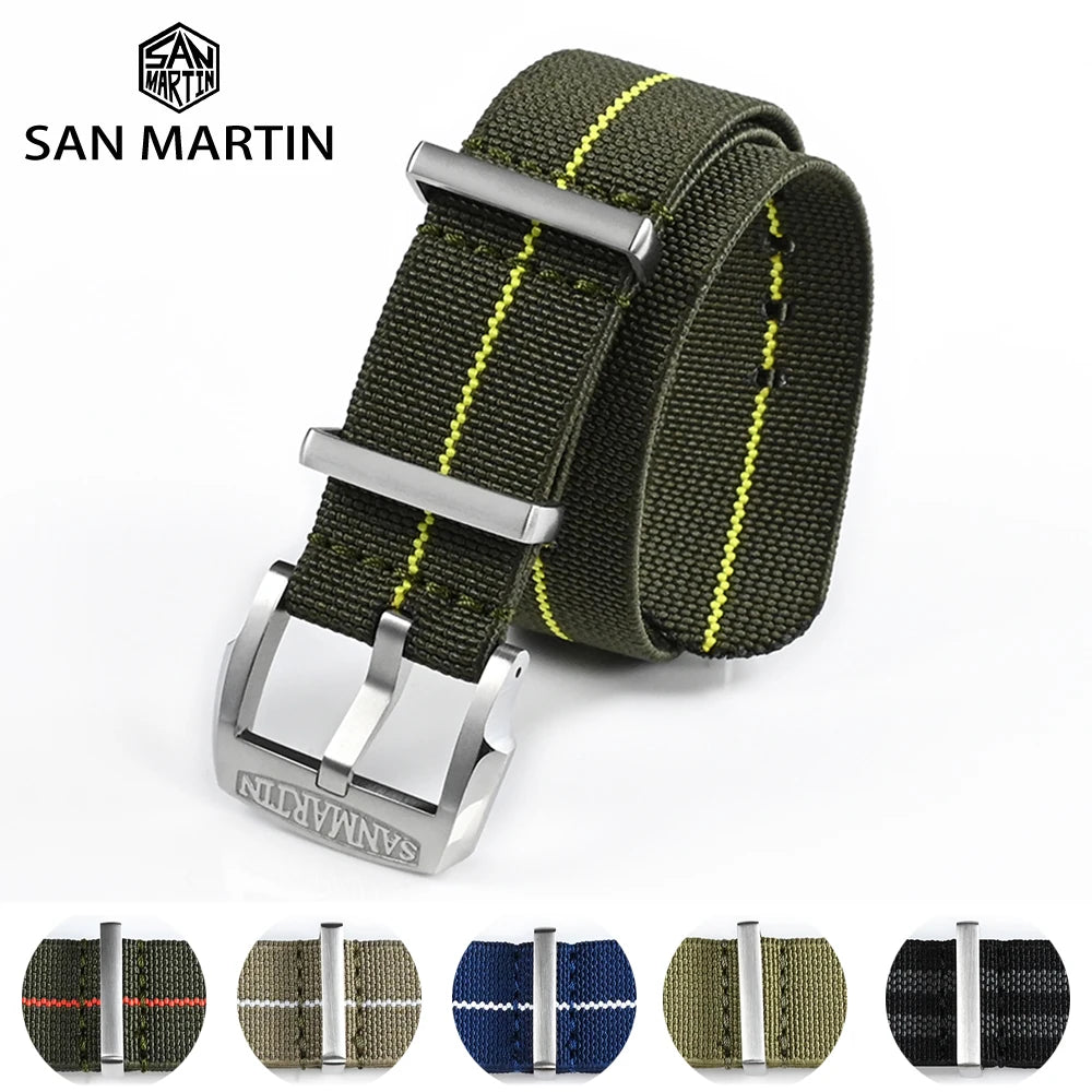 San Martin Watch Bracelet Elastic Nylon Strap 20mm Military Pilot Watch Band Universal Type Sport Paratrooper Strap Watch Parts
