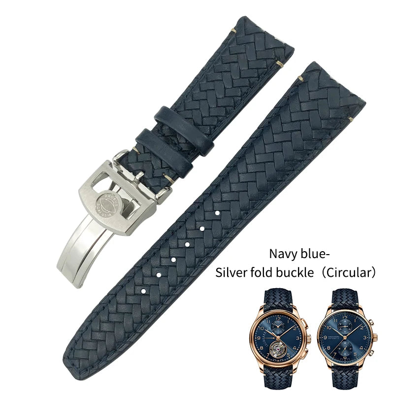 High Quality Cowhide Woven Watch Strap, 20 21mm 22mm, Suitable for IWC Portugieser Pilot Watches, Curved End, Genuine Leather Watchband