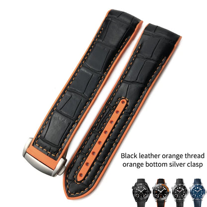 Cinturino per orologio in gomma, nylon e pelle, cinturino in silicone arancione, tela nera, adatto per Omega Seamaster 84300, Planet Ocean 600, 20mm, 21mm, 22mm