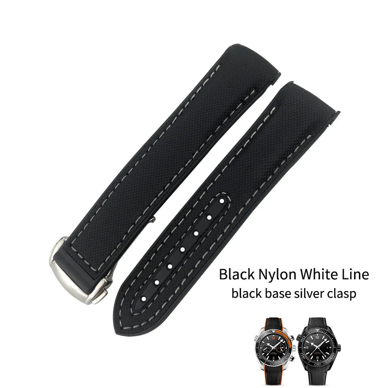 Cinturino per orologio in gomma, nylon e pelle, cinturino in silicone arancione, tela nera, adatto per Omega Seamaster 84300, Planet Ocean 600, 20mm, 21mm, 22mm