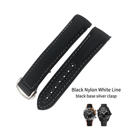 Cinturino per orologio in gomma, nylon e pelle, cinturino in silicone arancione, tela nera, adatto per Omega Seamaster 84300, Planet Ocean 600, 20mm, 21mm, 22mm