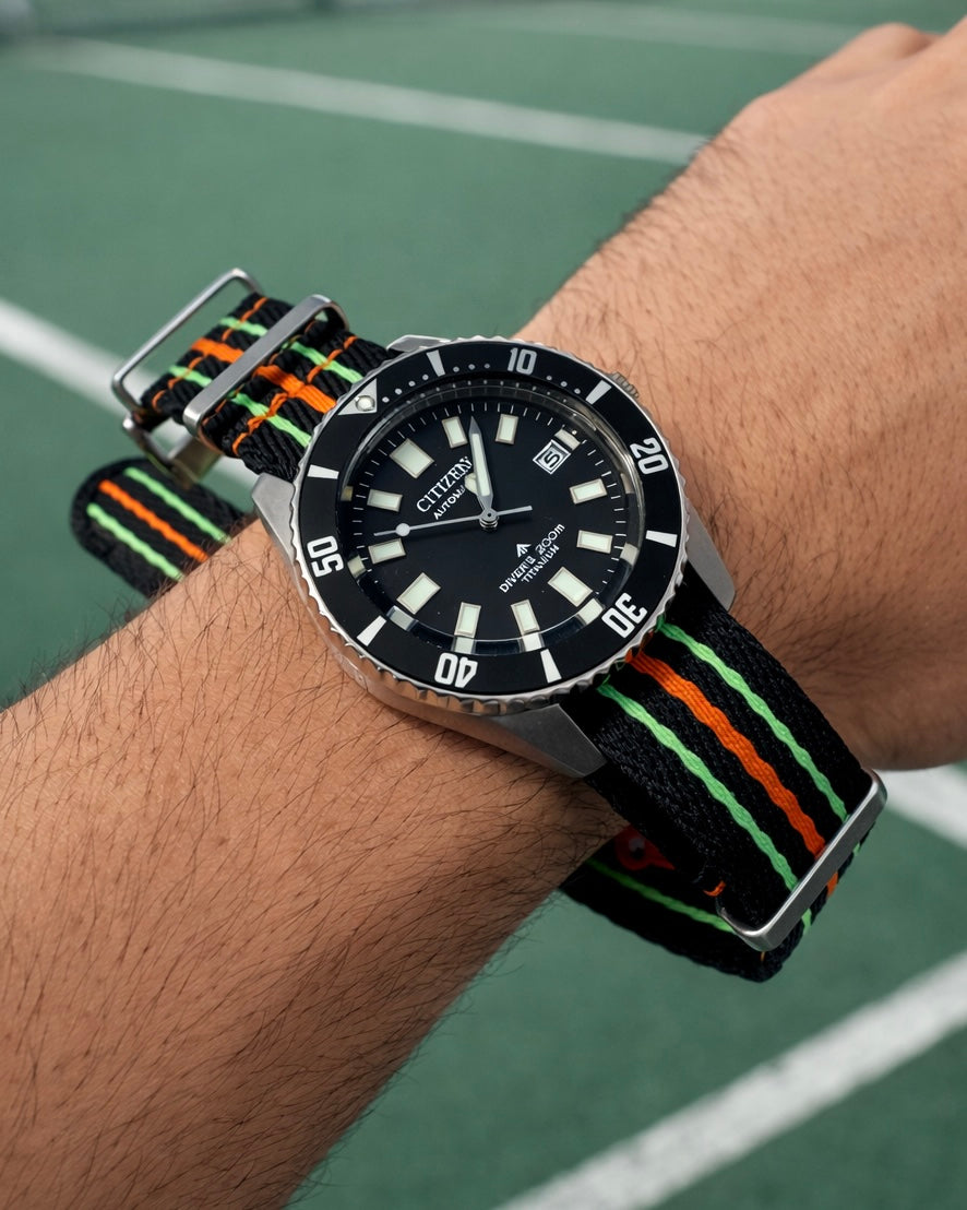 Masar Bracelet de Montre Nato Noir Orange Vert Fluo - Nylon tressé 20mm 22mm