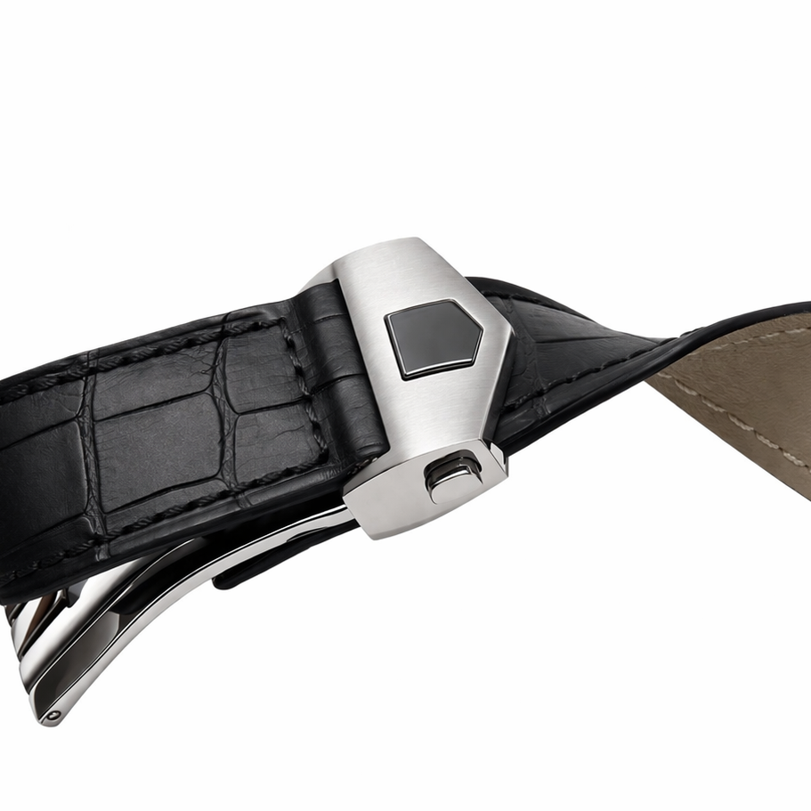 Masar Cinturino per Orologio in Pelle Effetto Alligatore - Nero - Chiusura Déployante - Universale