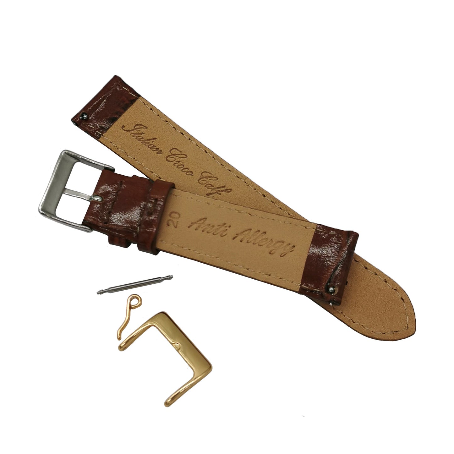 Masar Bracelet de Montre Cuir Italien Marron - Rapide, Grain Crocodile - Haute Brillance