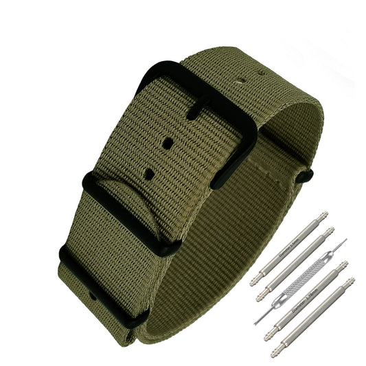 Masar Bracelet NATO 24mm - Vert - Olive / Boucle Noir - Souple - Montres légères hommes femmes - Épaisseur 1mm