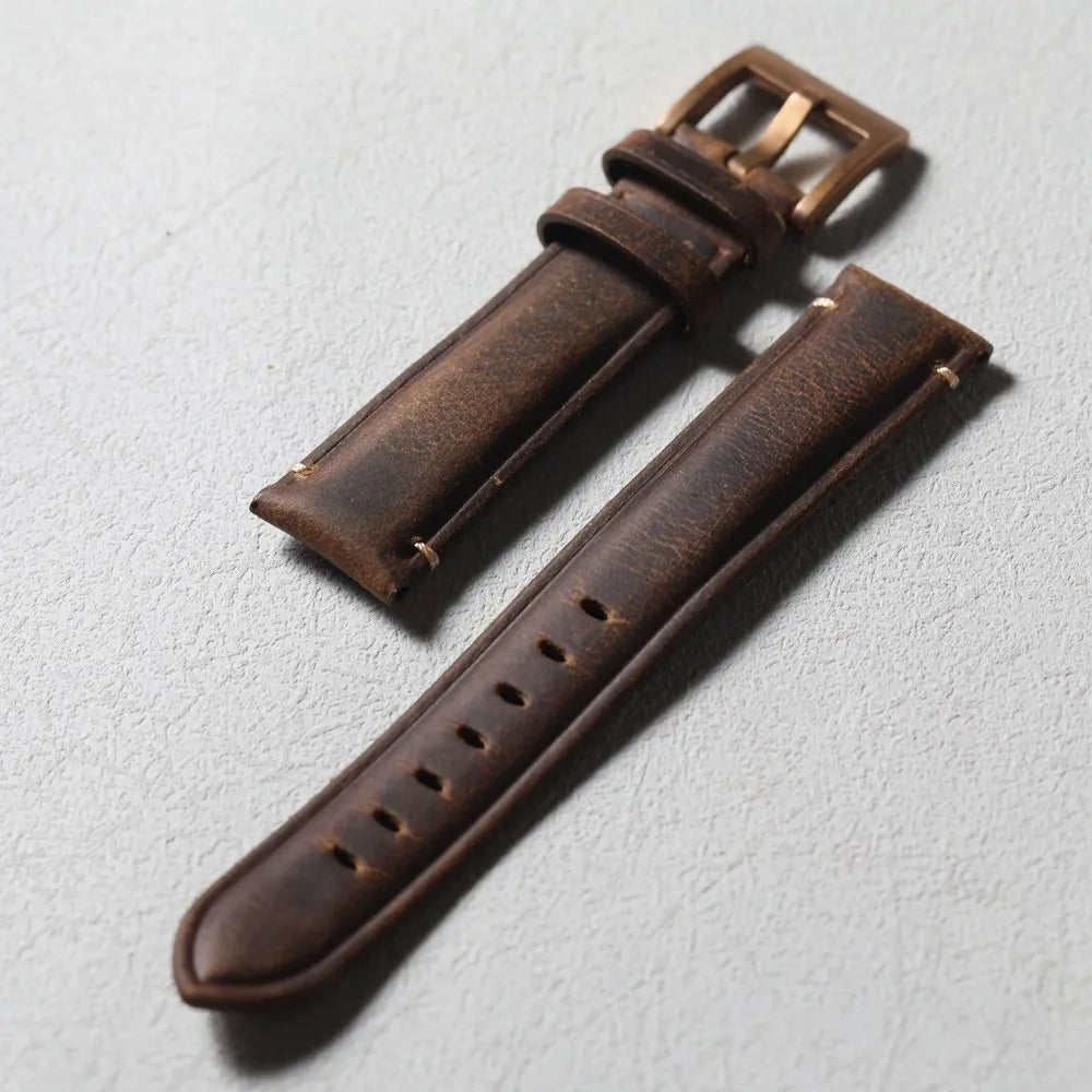 Cinturino in pelle bovina primo strato fatto a mano, chiusura in bronzo, accessori per orologi in bronzo 19 20 21 22 MM, cinturino vintage marrone smerigliato
