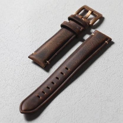 Cinturino in pelle bovina primo strato fatto a mano, chiusura in bronzo, accessori per orologi in bronzo 19 20 21 22 MM, cinturino vintage marrone smerigliato