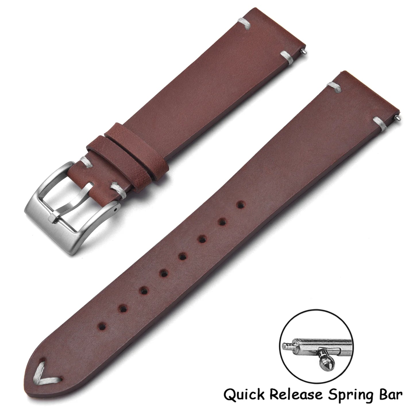 Quick Release Crazy Horse Leather Watch Strap, 18mm 20mm 22mm, Brown, for Men and Women, Compatible with Seiko Omega Huawei