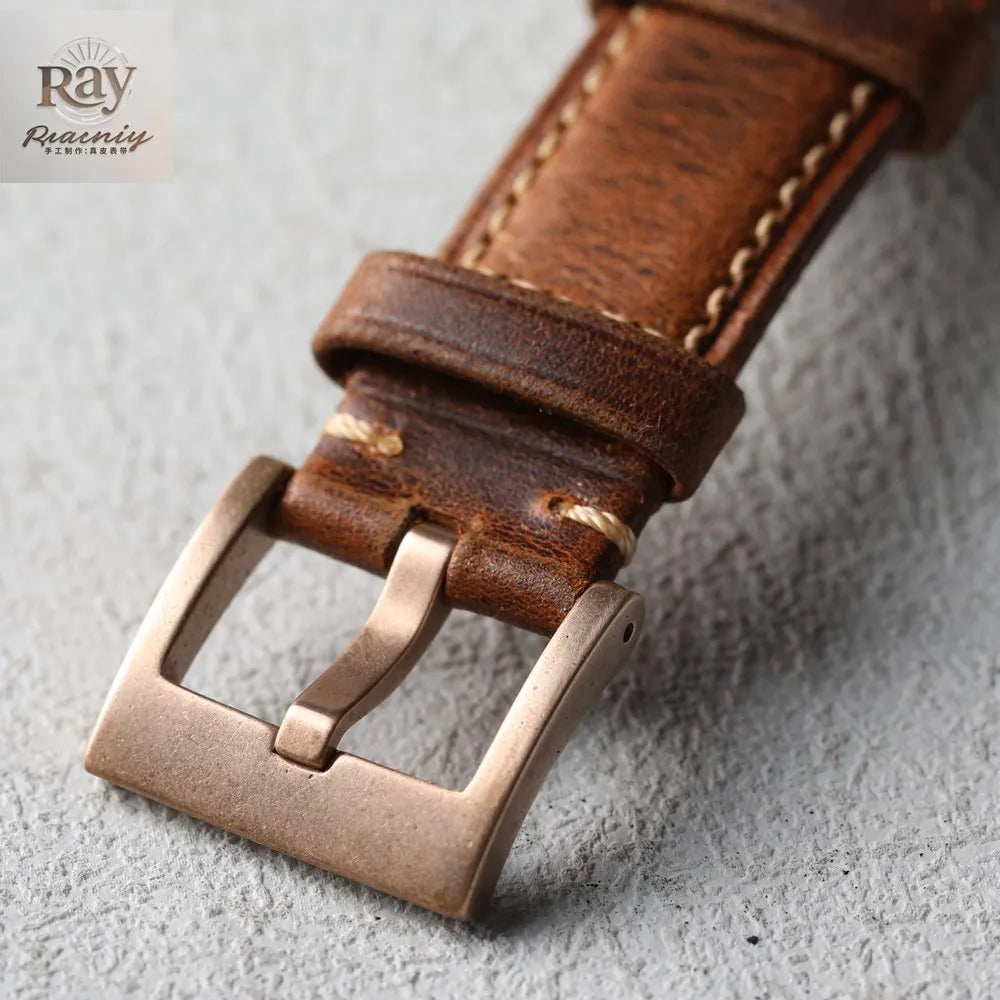 High-end leather strap, 20MM 22MM, bronze clasp, thick leather strap for men, retro style, suitable for bronze watch bracelet