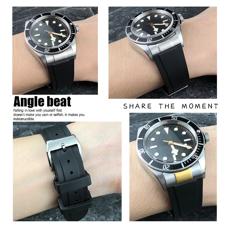 Cinturino per orologio flessibile in gomma fluorurata FKM, 20mm 22mm, estremità curva, per Tudor Black Bay 1958, cinturino nero, fibbia deployante