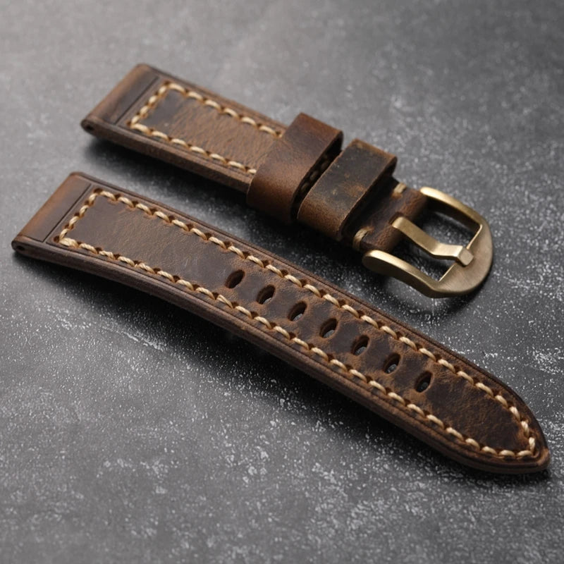 Cinturino per orologio in pelle bovina da uomo, fatto a mano, primo strato, 20 21 22 24 26MM, Vintage, bronzo, spesso, stile vintage