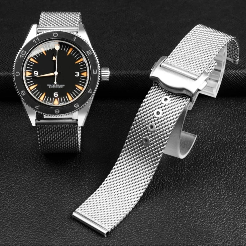 20mm 22mm Milanese Watch Band for Omega 007 Seamaster 300, Stainless Steel Mesh Bracelet, Original Folding Buckle