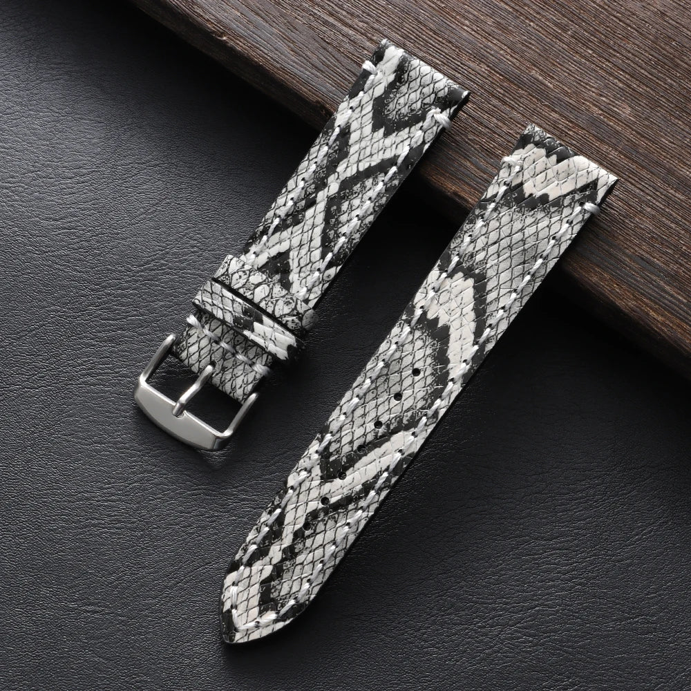 Bracelet en cuir véritable fait à la main pour hommes, pour Seiko, motif peau de serpent et de requin gaufré, bracelet de montre vintage en cuir de vache noir, 18mm, 20mm, 22mm