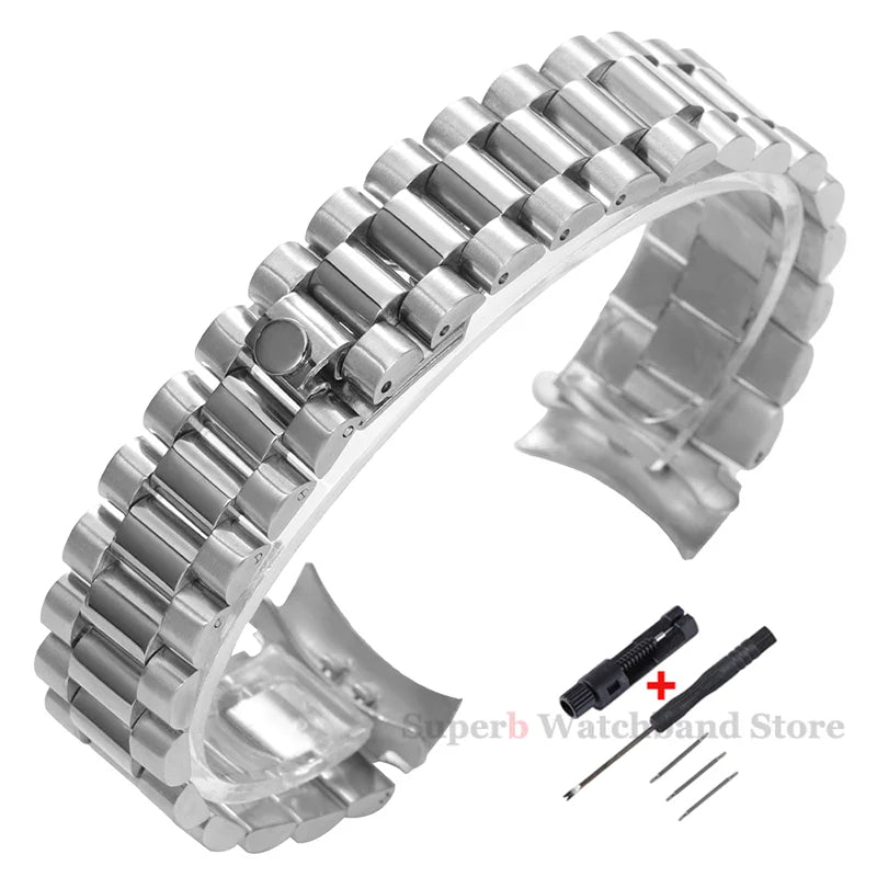 Bracelet en métal massif de 20mm pour bracelet en acier inoxydable à extrémité incurvée Rolex pour boucle présidentielle Oyster pour hommes argent or