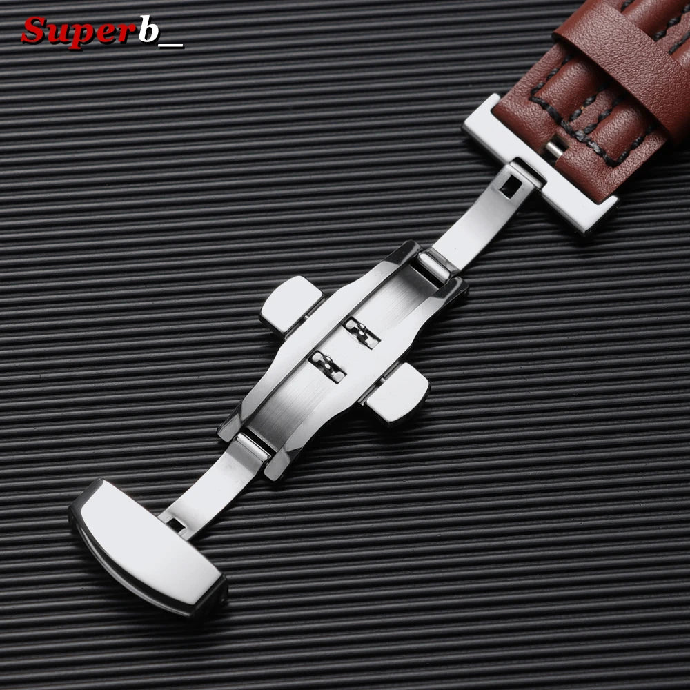 Bracelet en cuir de vache véritable pour hommes, 20mm, 22mm, 24mm, pour montre Seiko Vintage en cuir marron, bracelet de montre à fermoir papillon pour Omega