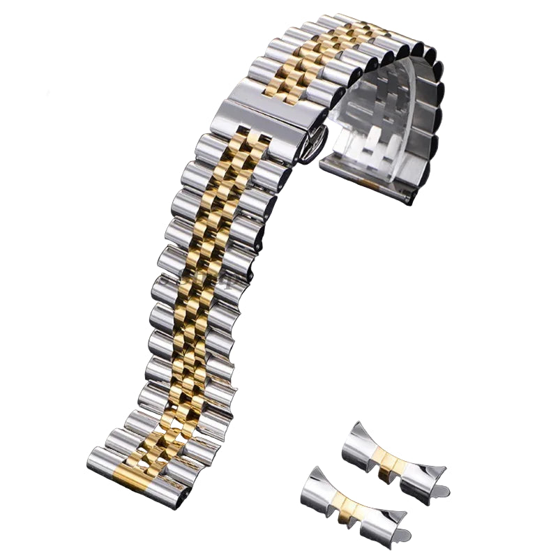 Solid steel watch bracelet for Rolex, flat and curved ends - with tool