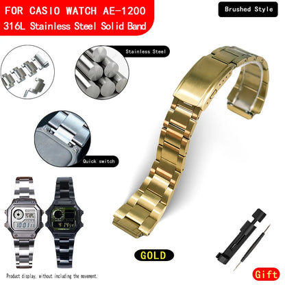 Bracelet de montre solide en acier inoxydable 316L, pour montre Casio AE1200WH, modèle Royale, poli et brossé, bracelet en métal AE1200