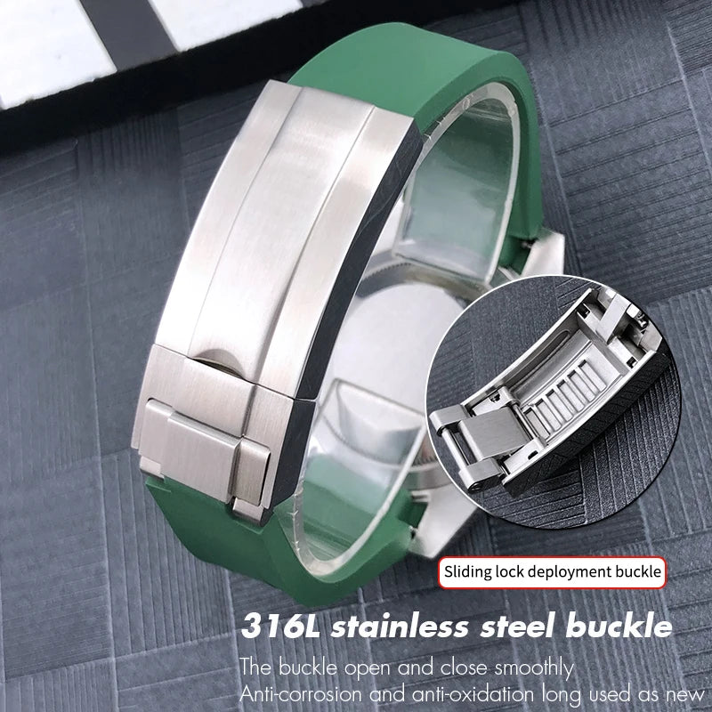 Cinturino per orologio in gomma fluorurata, 20mm, per Rolex Submariner GMT Master Daytona, bracciale per orologio in morbida gomma fluorosiliconica, fibbia con chiusura scorrevole