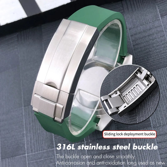 Cinturino per orologio in gomma fluorurata, 20mm, per Rolex Submariner GMT Master Daytona, bracciale per orologio in morbida gomma fluorosiliconica, fibbia con chiusura scorrevole