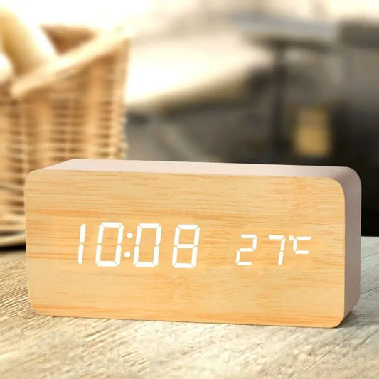 Sveglia digitale in legno, sveglia a LED con display della temperatura, orologi da scrivania per ufficio, orologio da comodino