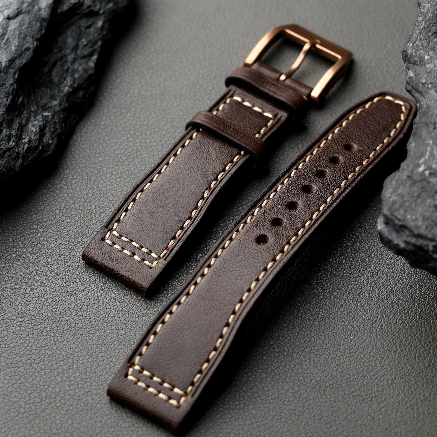 Handmade Bronze Buckle Bracelet, 20MM 21MM 22MM Black Brown Top Leather, Suitable for Pilot Pure Copper Watch Band