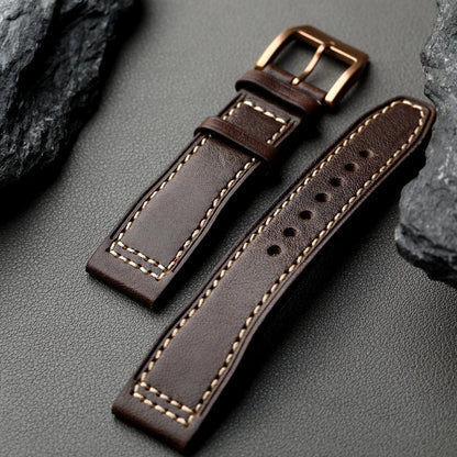 Handmade Bronze Buckle Bracelet, 20MM 21MM 22MM Black Brown Top Leather, Suitable for Pilot Pure Copper Watch Band