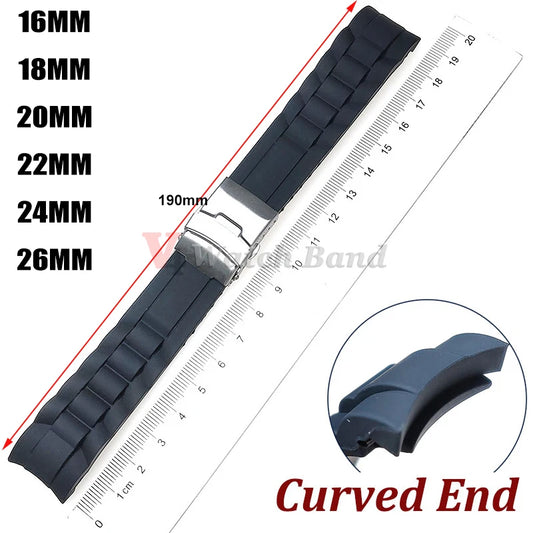 Bracelet en caoutchouc à extrémité incurvée, en Silicone, 16mm, 18mm, 20mm, 22mm, 24mm, 26mm, pour hommes et femmes, étanche, boucle pliante