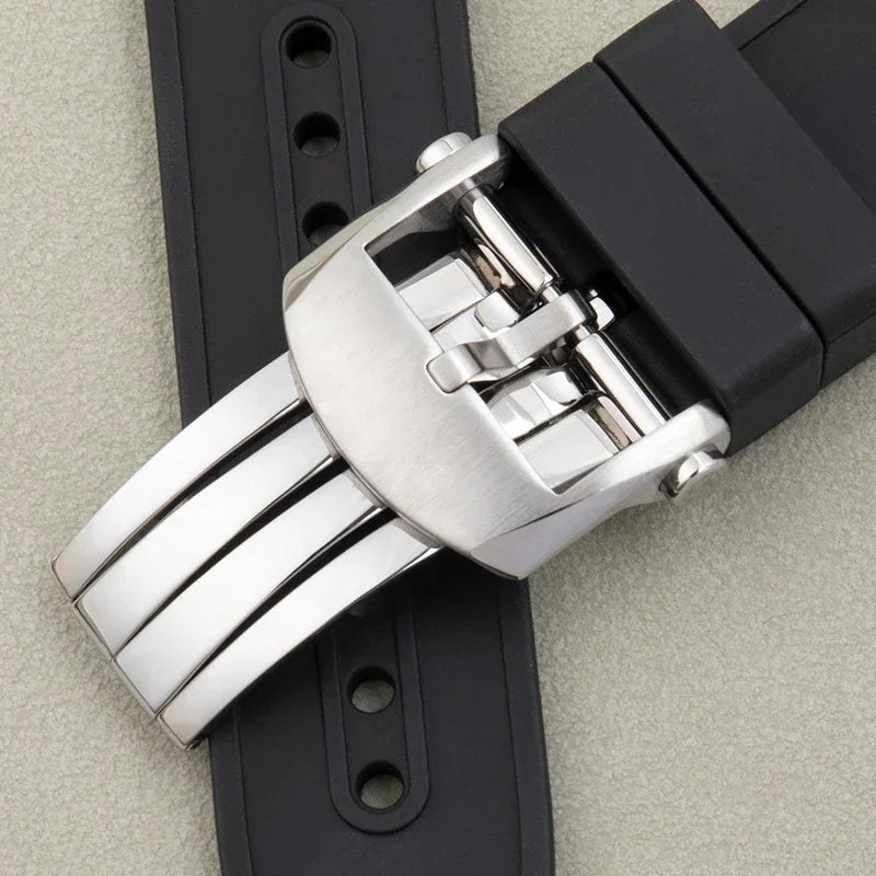 Black FKM Fluoro Rubber Watch Strap, Soft, 22mm, Replacement for Breitling Watch Band, for Superocean Navitimer Avenger Belt