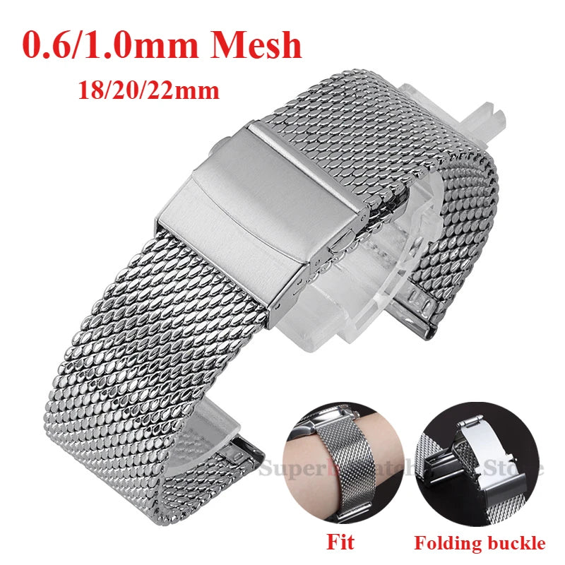 Bracelet de montre en acier inoxydable tissé milanais, bracelet de montre, Rolex, Omega, IWC, 18mm, 20mm, 22mm, 1.0mm, 0.6mm, haute qualité