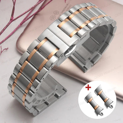 Solid stainless steel watch band with flat, arc-shaped end for Tissot butterfly clasp bracelets, sizes 12, 13, 14, 15, 16, 17, 18, 19, 20, 21, 22, 23, 24mm, universal
