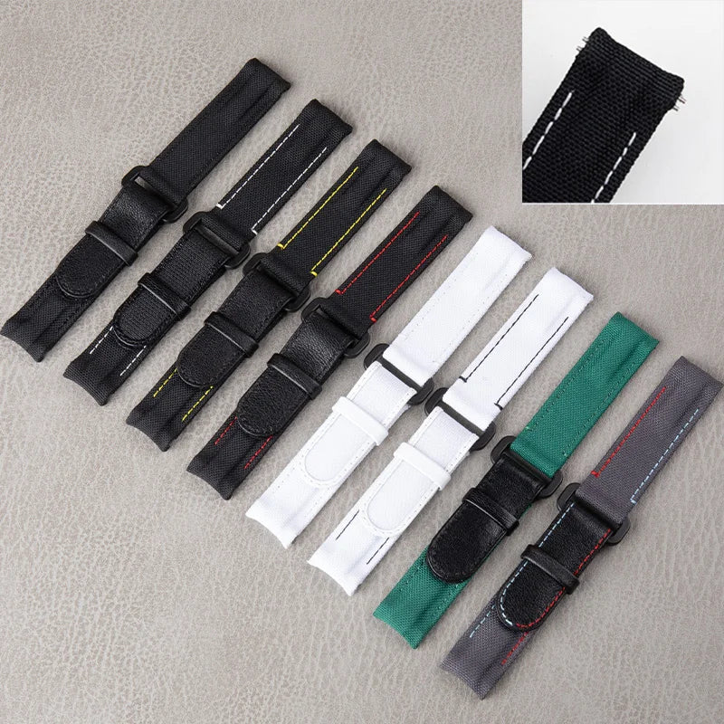 Bracelet de montre en nylon et cuir noir et blanc, 20 mm, extrémités courbées, deux barres à ressort, réglable, pour Rolex DAYTONA SUBMARINER diw Wat