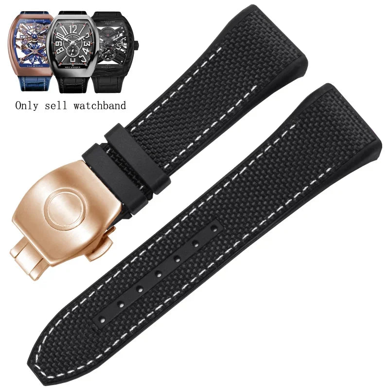 Bracelet de montre pliable en nylon et cuir véritable, bracelet de montre en silicone, noir, bleu, haute qualité, compatible avec Franck Muller, série V45, 28mm