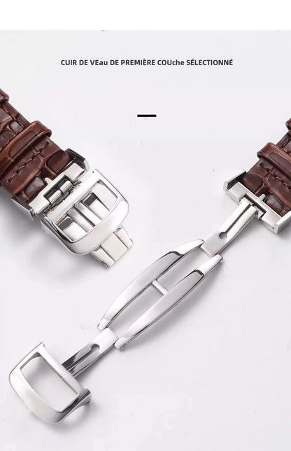 Compatibile con Jaeger-LeCoultre Master Ultra Thin, cinturino in vera pelle con chiusura deployante, estremità curva 20 mm marrone nero