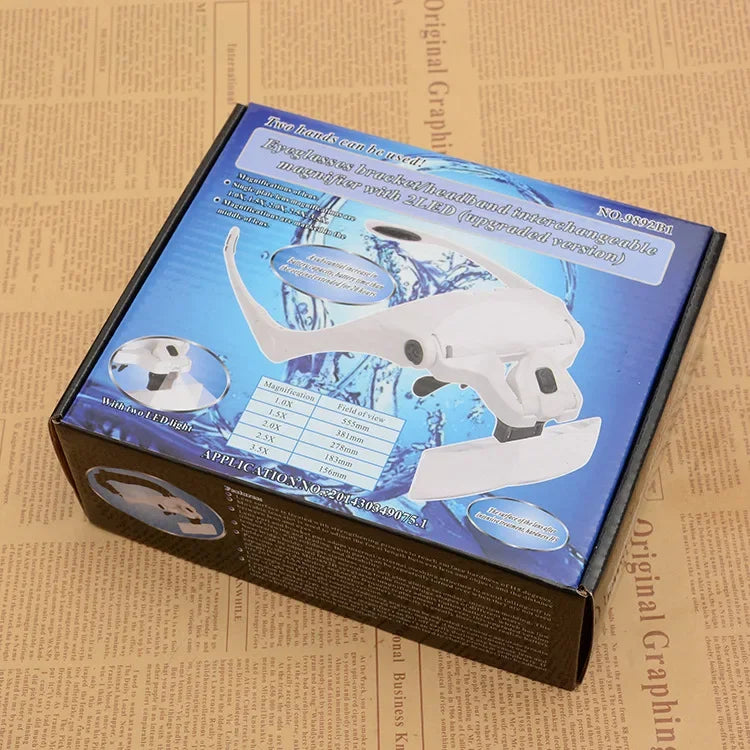 Magnifying Glass with LED Light for Jewelers, Instrument for Repairing Glasses or Optical Lenses, or Watches and Jewelry, Wearable on the Head