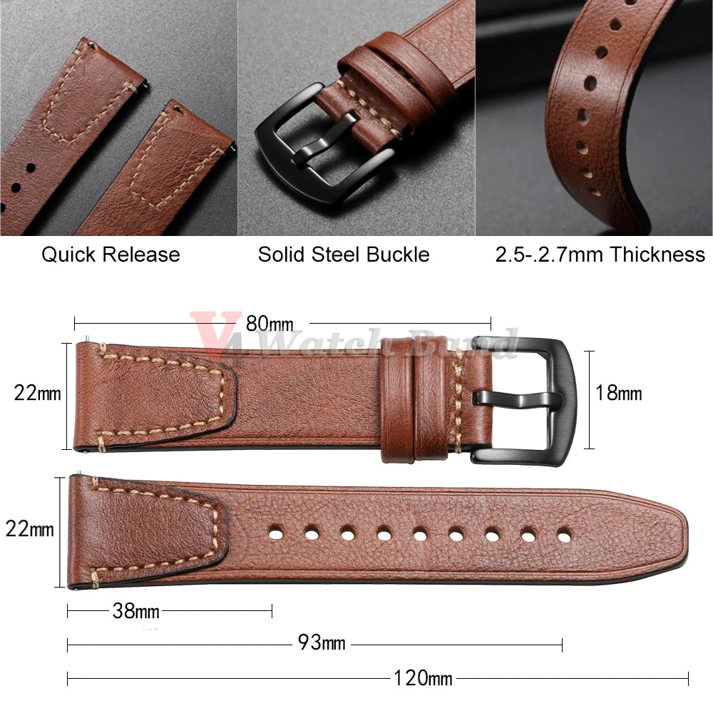 Bracelet de montre en cuir de vache véritable vintage 18mm 20mm 22mm, à dégagement rapide, universel, style rétro, pour femmes et hommes