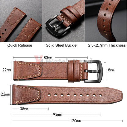 Bracelet de montre en cuir de vache véritable vintage 18mm 20mm 22mm, à dégagement rapide, universel, style rétro, pour femmes et hommes