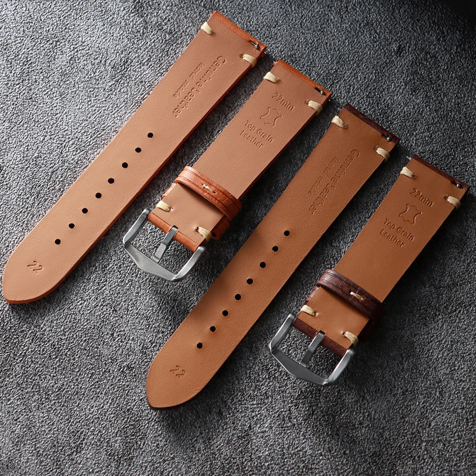 Genuine Bovine Leather Watch Strap - Vintage Style with Quick-Release Fasteners