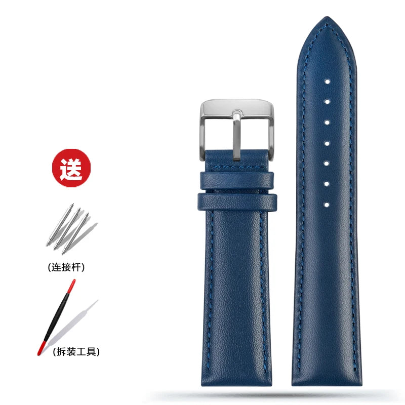 Blue Leather Bracelet for Men and Women, 12mm, 14mm, 16mm, 18mm, 20mm, 22mm for Tissot Longines, Omega Seamaster, Blue, Black, Brown