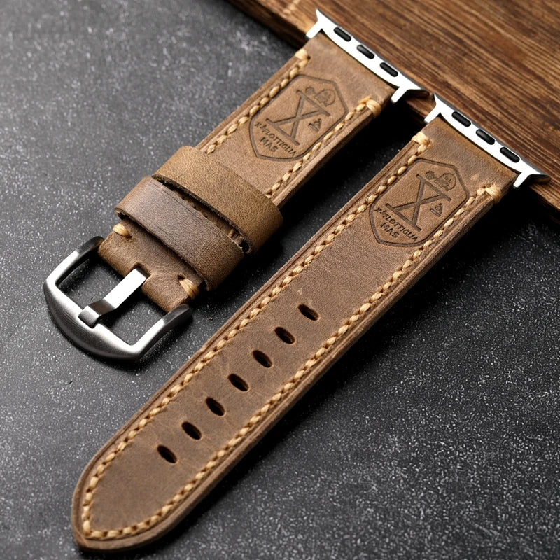 Vera pelle bovina tedesca fatta a mano, primo strato, adatta per Apple Watch S10 Ultra 49MM, cinturino retrò spesso in pelle