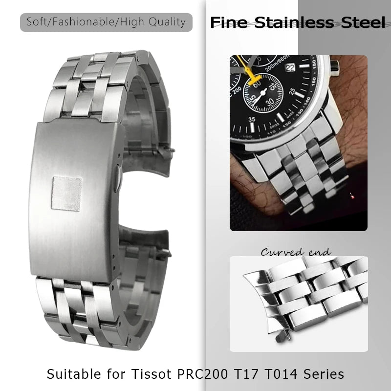 Cinturino per orologio in acciaio inossidabile argentato, 19mm 20mm, per Tissot T 1853 T41 T17 T006 PRC200 T014, estremità curva, fibbia a farfalla