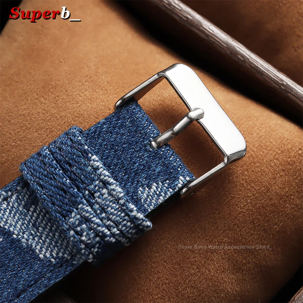 Bracelet de montre en nylon et toile de denim à dégagement rapide 20mm 22mm, bracelets universels en cuir pour Omega et Seiko avec fermoir métallique
